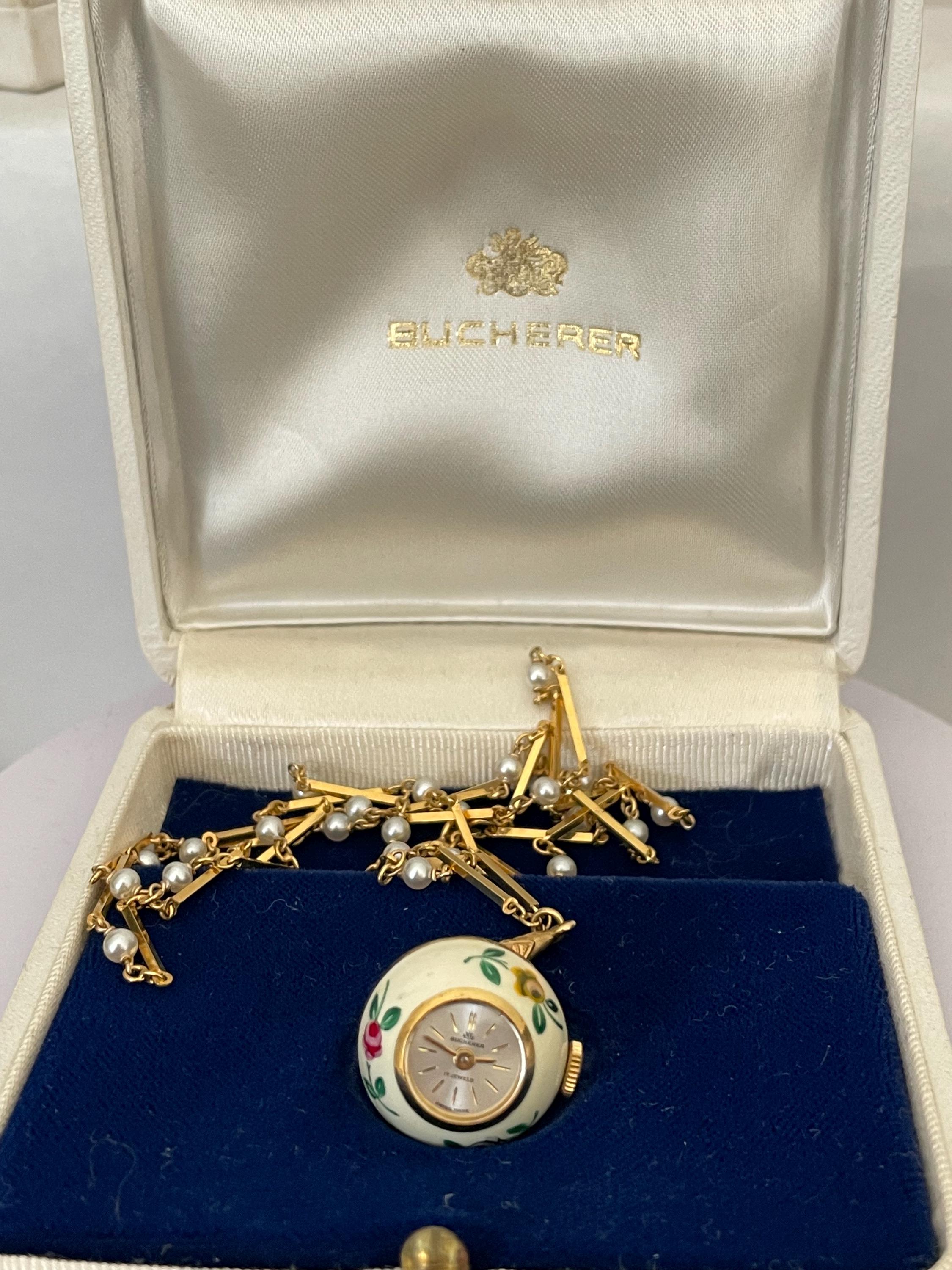 Ladies Vintage Bucherer Enameled Hand Painted Flowers 