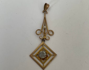 Victorian Lavalier 10kt Gold Seed Pearl Rhinestone Pendant  2" drop