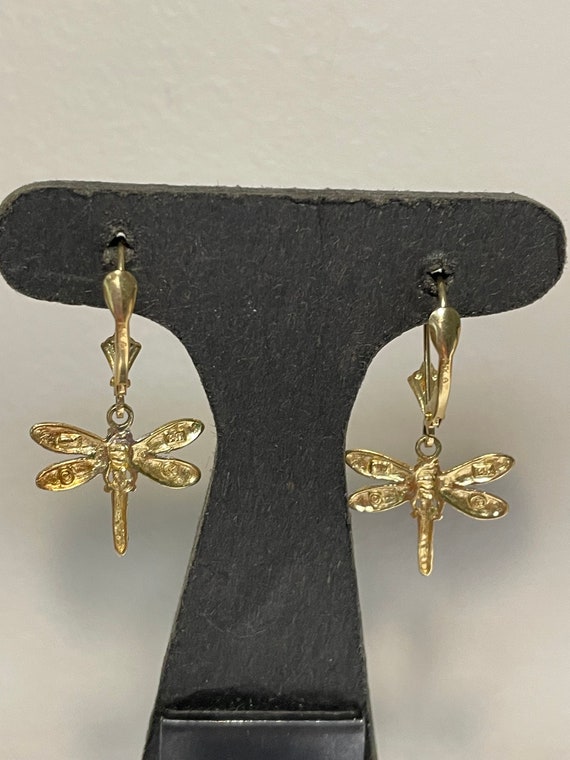 14 Kt Two Tone Dragonfly Dangling Earrings - image 3