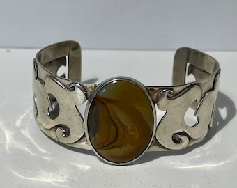 Sterling Silver Picture Agate Large Fancy Cuff Bracelet
