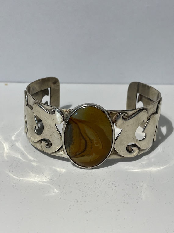 Sterling Silver Picture Agate Large Fancy Cuff Bra