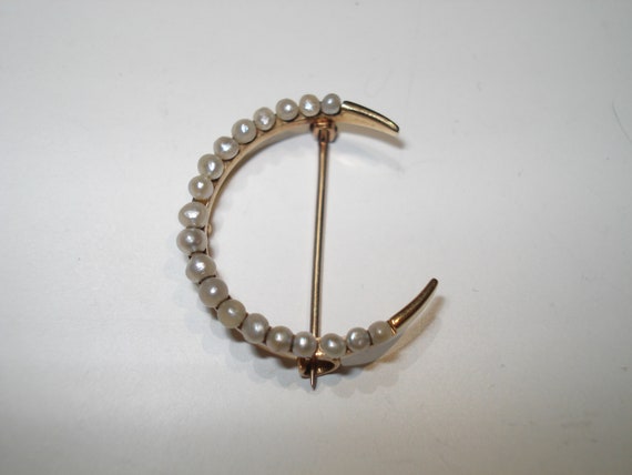 Victorian 14 Kt Gold Crescent Moon Seed Pearl Pin… - image 1
