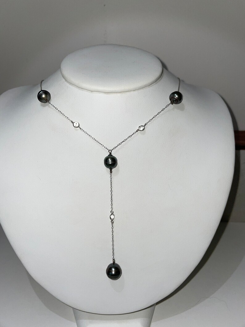 Antique Art Deco 14Kt White Gold Tahitian Pearl Y Drop Necklace image 8