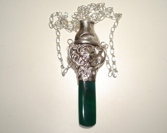 Sterling Silver Ornate Owl  Flower Whistle With Green Stone 24" Sterling Link Chain Necklace