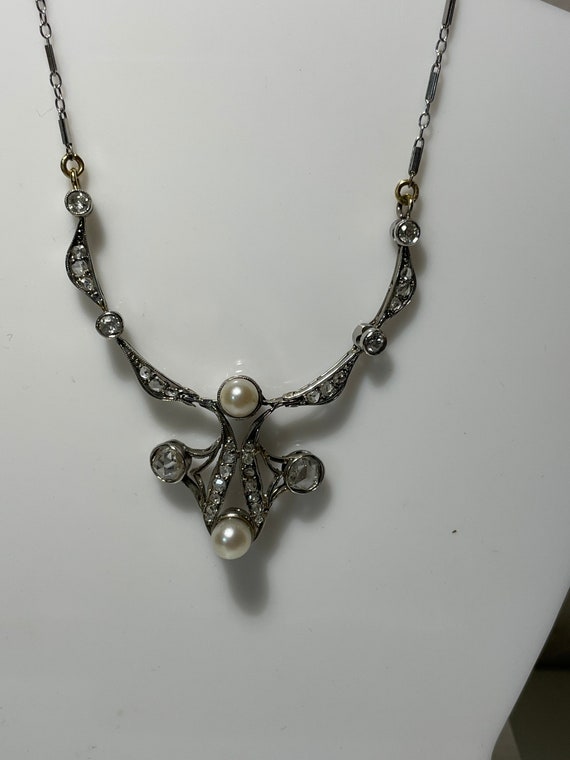 Victorian Platinum Rose Cut Diamond Pearl  Necklac