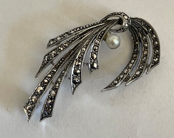 Broche Art Déco vintage en perle et argent - France