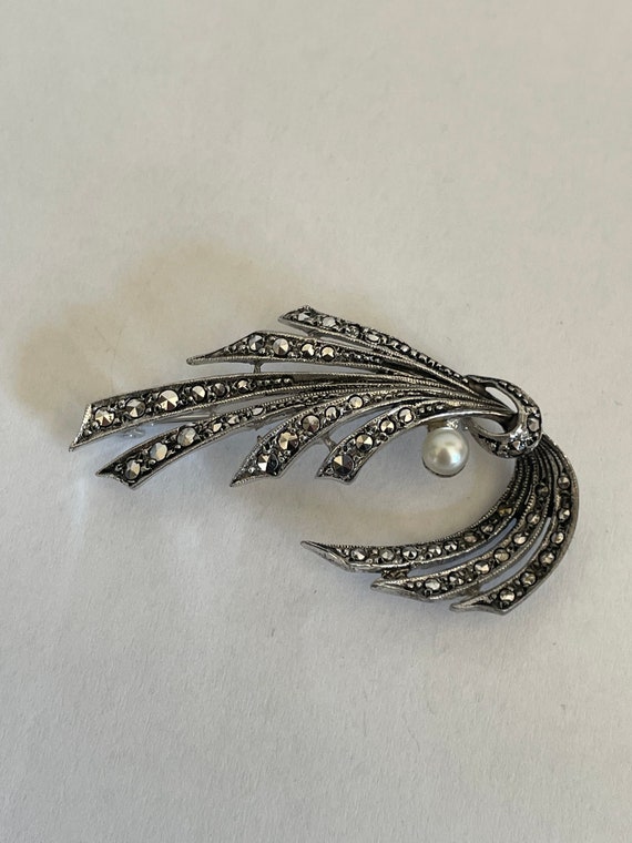 Broche vintage Art déco en argent sterling avec perle de culture en marcassite - Canada