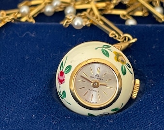 Ladies Vintage Bucherer Enameled Hand Painted Flowers Pendant Watch on Specialty Watch Chain