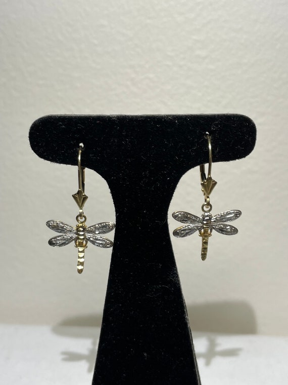 14 Kt Two Tone Dragonfly Dangling Earrings - image 6