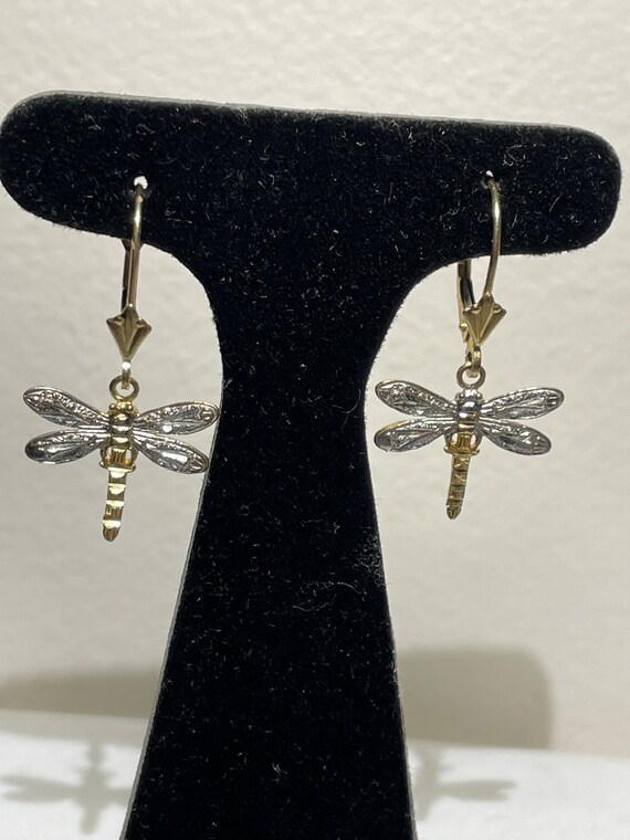 14 Kt Two Tone Dragonfly Dangling Earrings - image 1