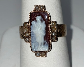 Victorian 14kt  Rose Gold  Carved Cameo Seed Pearl Ring  Size 7.5