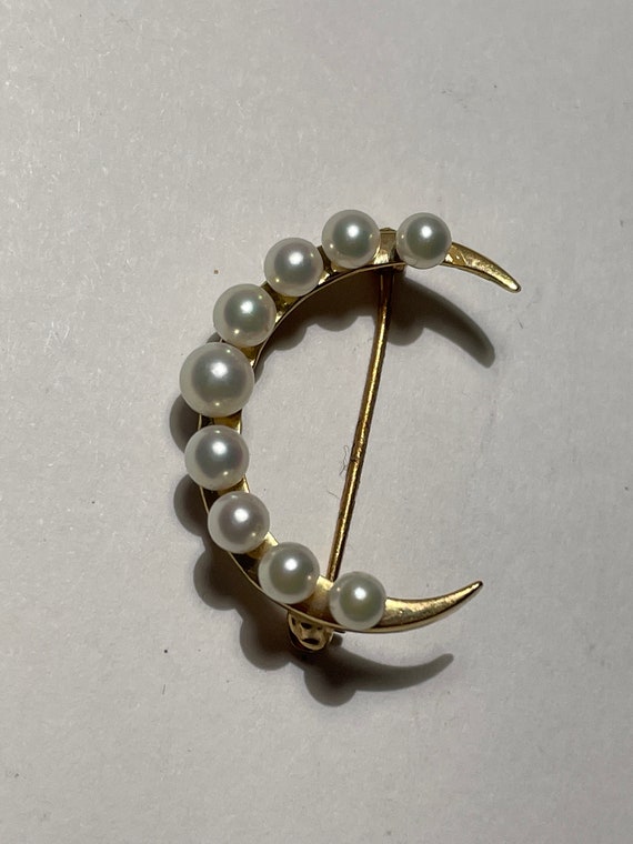 Antique 14Kt Gold Crescent Moon Graduating Pearl … - image 5