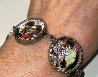 Vintage Sterling Silver Scenic Hecho En Mexico Toggle Lovers Scenes  Bracelet Signed SES
