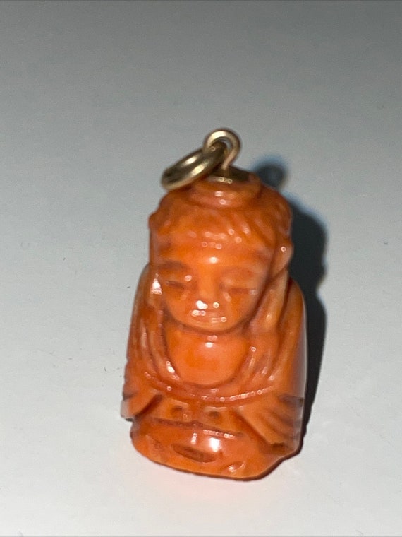 Antique 14 kt Gold  Carved  Coral Buddha Pendant
