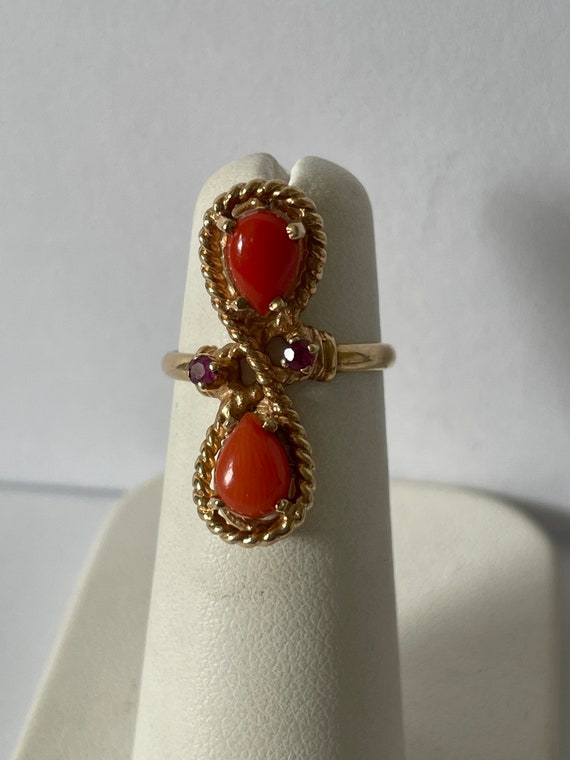 Antique 14kt Double Teardrop Salmon Coral Ruby Rin