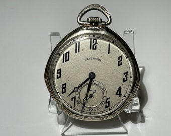 1923 Illinois 14kt White Gold Pocket Watch  Fancy Design Case