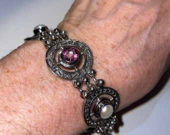 Balinese Designer Sterling Silver Amethyst Pearl Circle Link Toggle Bracelet