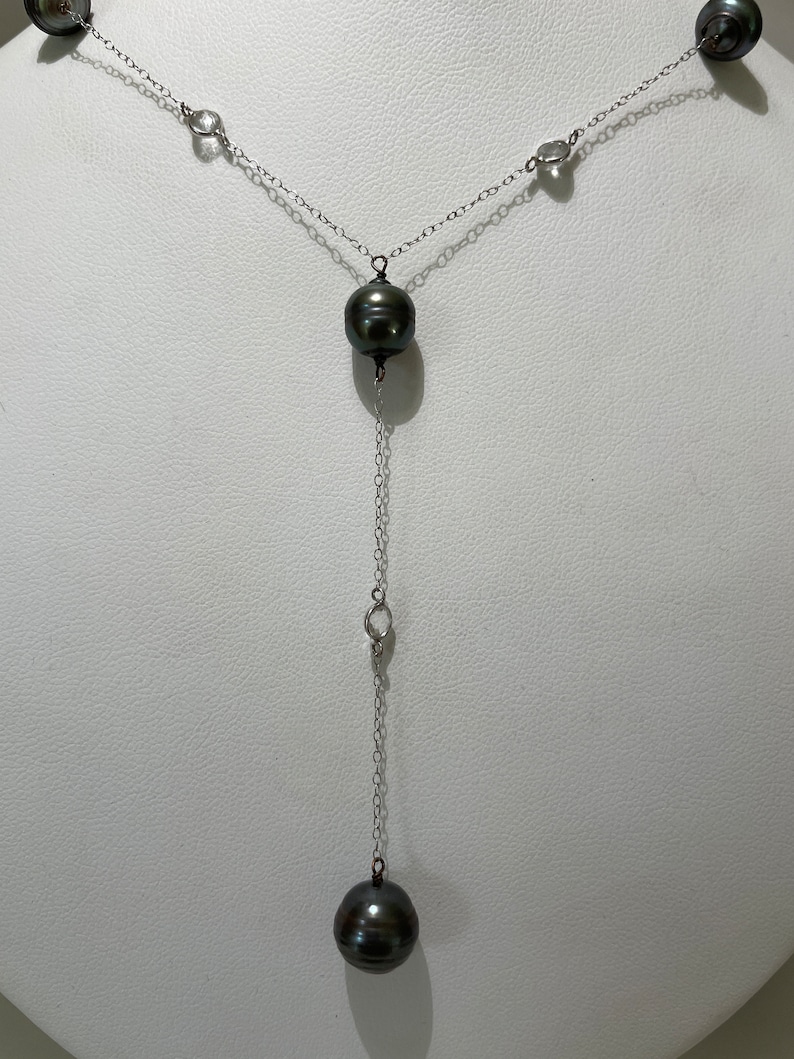 Antique Art Deco 14Kt White Gold Tahitian Pearl Y Drop Necklace image 7