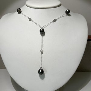 Antique Art Deco 14Kt White Gold Tahitian Pearl Y Drop Necklace image 2