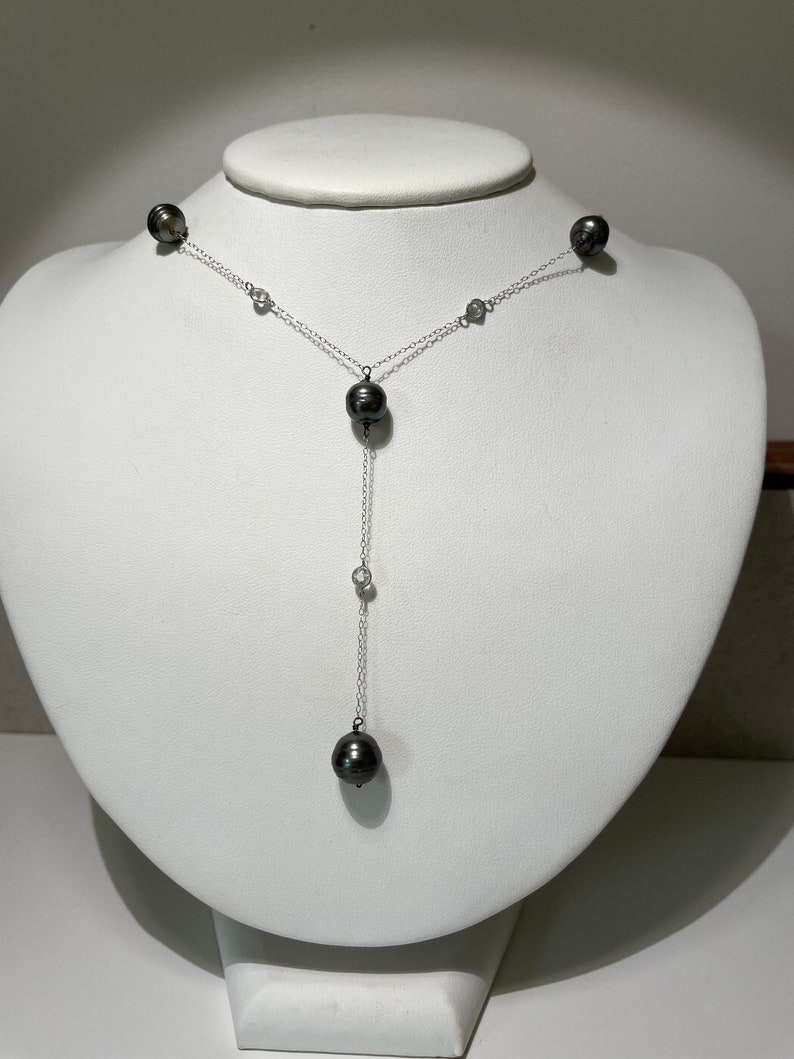 Antique Art Deco 14Kt White Gold Tahitian Pearl Y Drop Necklace image 2