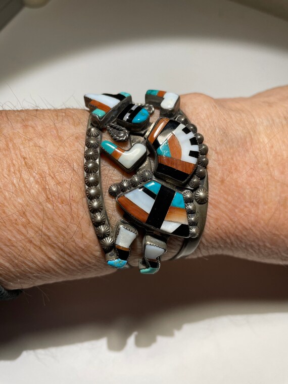 Huge Vintage Zuni Kachina Dancer Turquoise Coral Native American Jewelry Silver Ring Old Huge Vintage Zuni Kachina Dancer Turquoise Coral Native American Jewelry Silver Ring Old