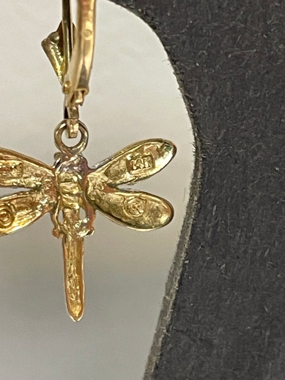 14 Kt Two Tone Dragonfly Dangling Earrings - image 4