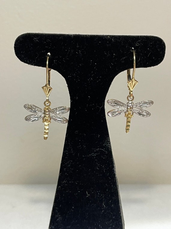 14 Kt Two Tone Dragonfly Dangling Earrings - image 2