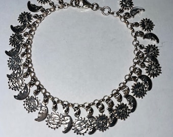 Celestial Crescent Moon Sun Sterling Silver Charm Bracelet 7"