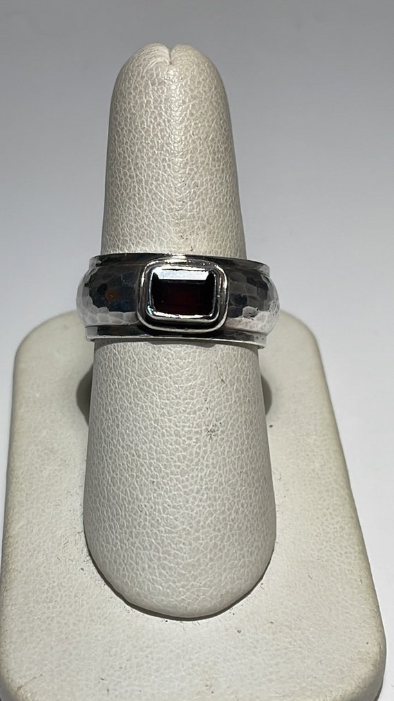 Modernist Emerald Cut Garnet Ring Hand Pounded Thi