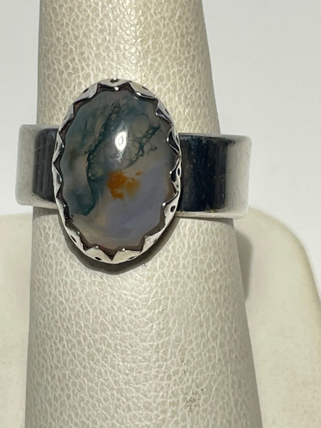 Tooth Bezel Setting Vintage Sterling Silver Sawtooth Bezel Set Moss Agate Cigar Band Ring ...