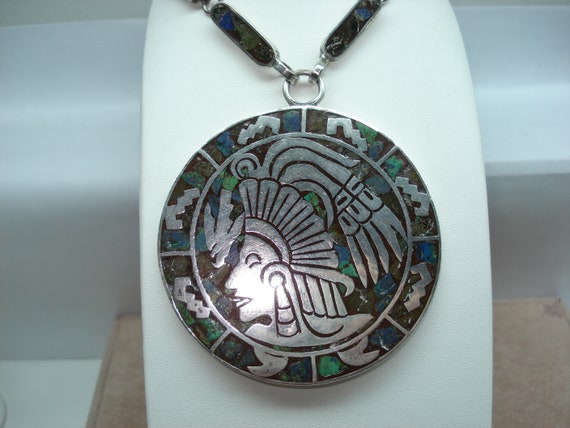 Antique Huge Sterling Silver Inliad Medallion Nec… - image 1