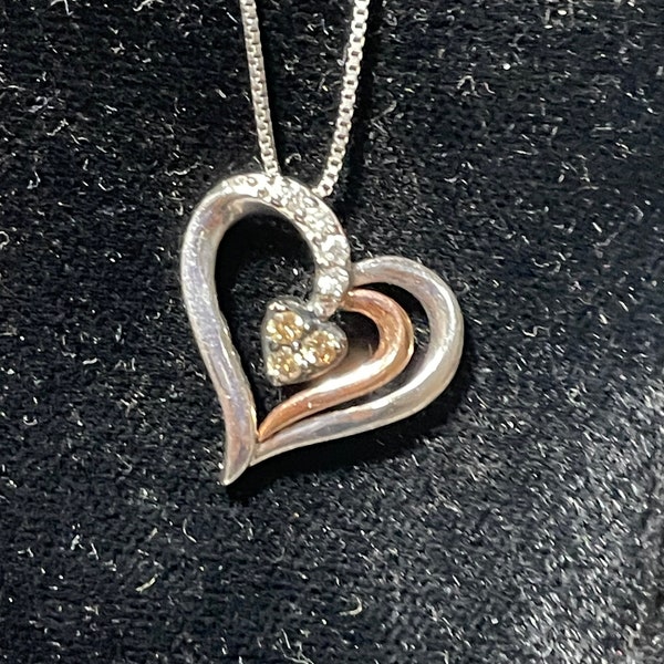 Kay Jewelers Diamond Heart Necklace 1/8ct Brown /White Sterling Silver 10 Kt