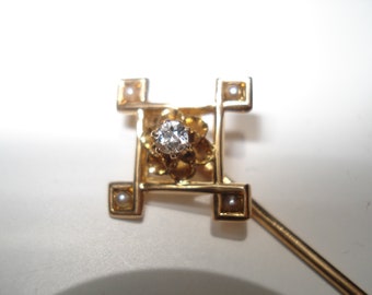Victorian 14 Kt Gold Diamond Seed Pearl Stick Pin Hat Pin
