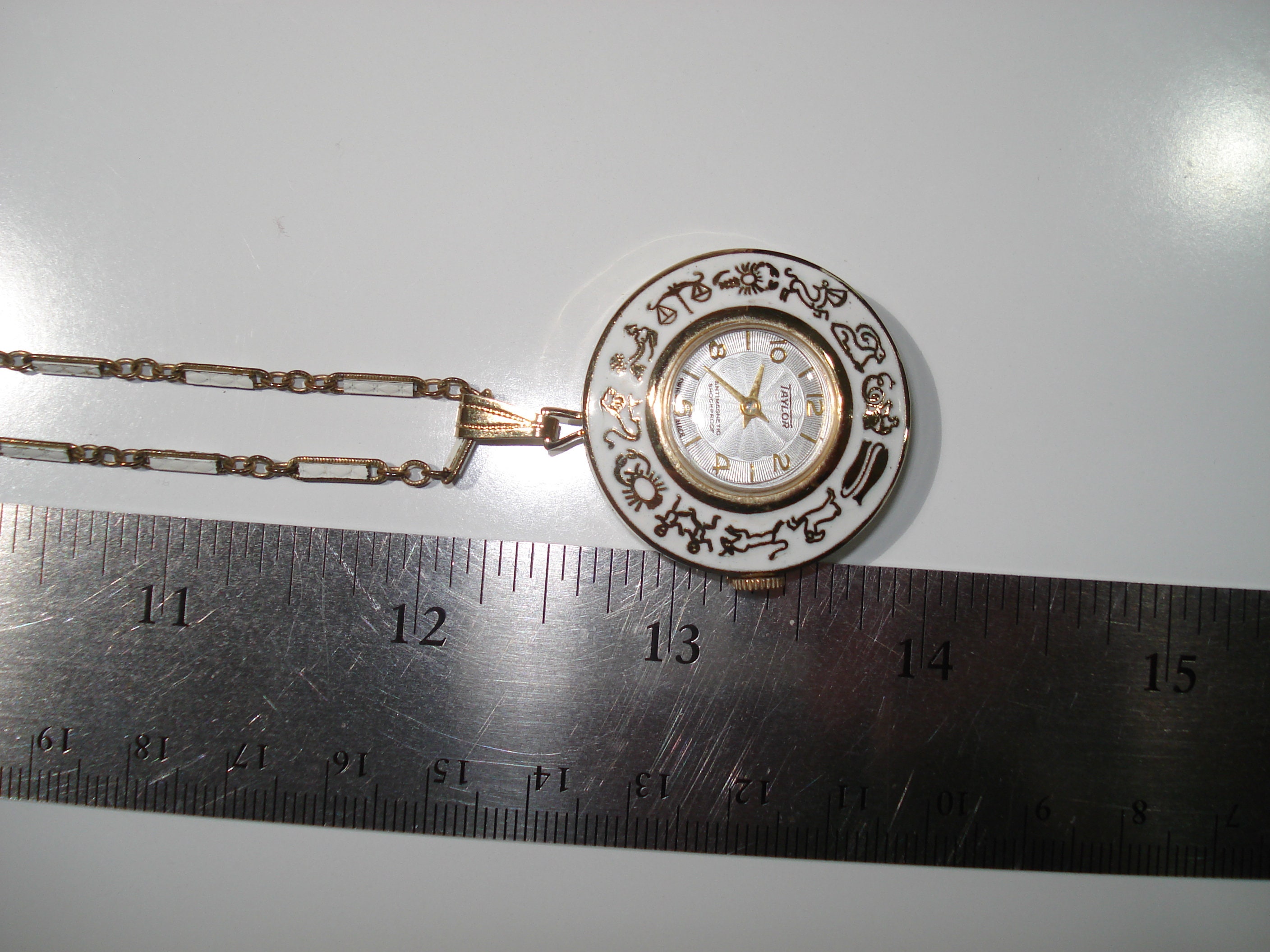Vintage Taylor Pendant Necklace Watch Women 32mm Astrology Enamel Manual Wind Zodiac Astrology Signs White Enamel Vintage Ladies Taylor  main image 4