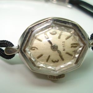 Rare Octagon 14KT White Gold Elgin Ladies  Vintage Wristwatch