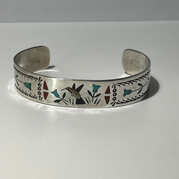 Sammy & Ester Guardian Zuni Sterling Silver Inlaid Turquoise MOP Coral Hummingbird Scene Cuff Bracelet