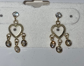 14Kt Gold Dangling Heart Crystal Drop Earrings