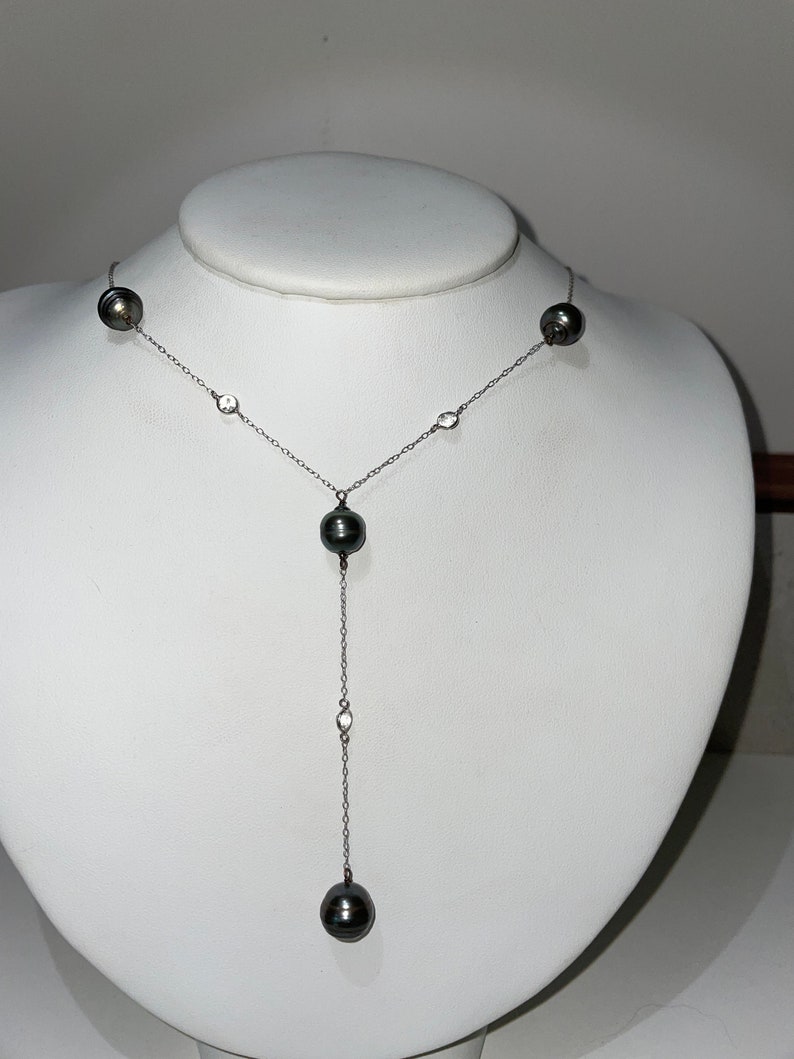 Antique Art Deco 14Kt White Gold Tahitian Pearl Y Drop Necklace image 9