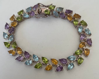 Sterling Silver Double Row Gemstone Leaf Bracelet 19.90 ctw