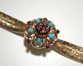 14K Lucien Piccard Flip Top Hidden Bracelet Watch Sleeping Beauty Turquoise Garnet Gemstone Cover