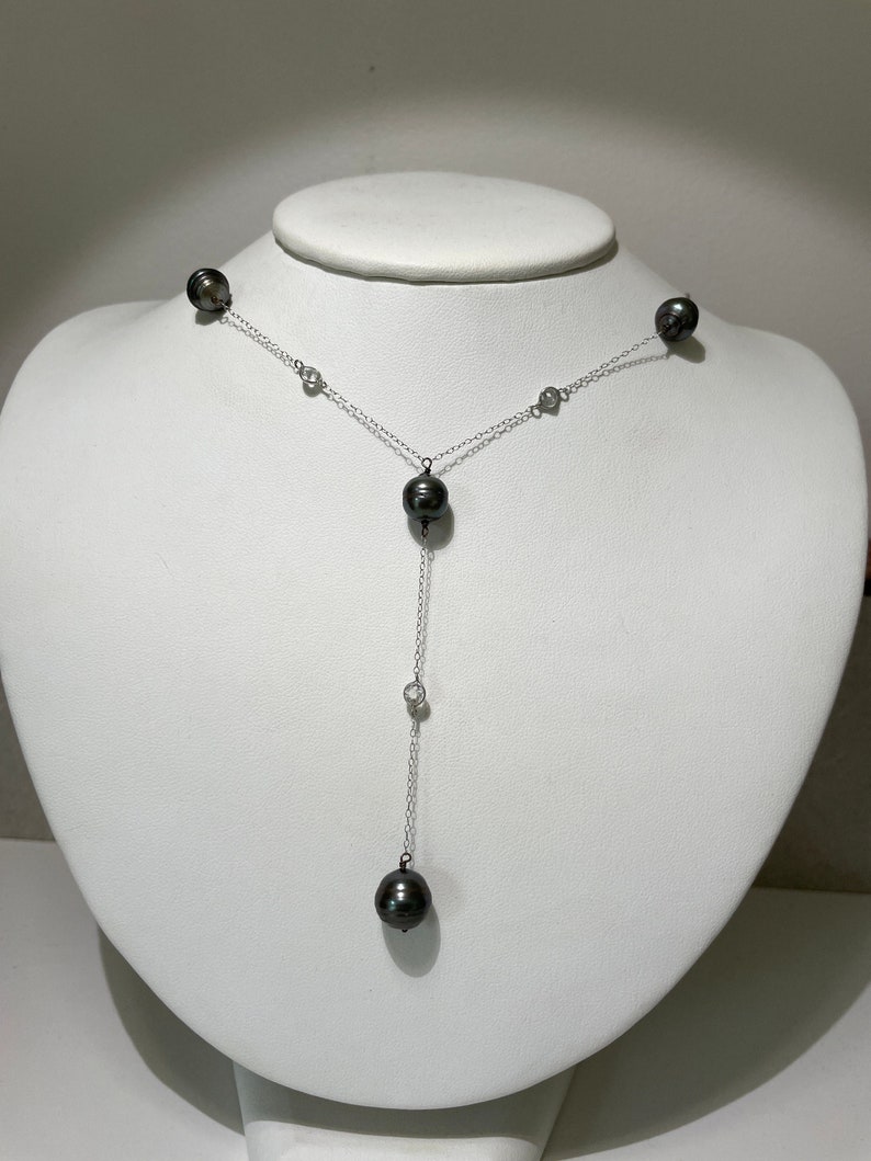 Antique Art Deco 14Kt White Gold Tahitian Pearl Y Drop Necklace image 1