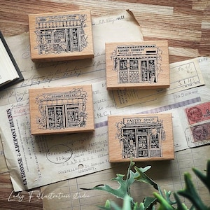 Lady F - Retro Store Street Stamp Set | Rubber Stamp | 1 Free Stamp Gift | Junk Journal, Scrapbook, Planner supplies