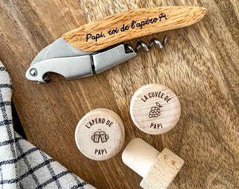 Coffret apéro personnalisé – Tire-bouchon & bouchon gravés – Cadeau vin original