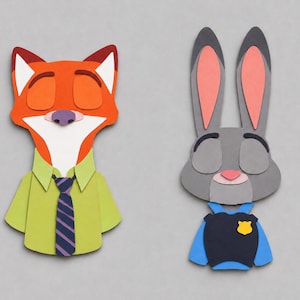 May include: Two layered paper cutouts of cartoon characters. On the left, an orange fox with white accents wears a light green button-down shirt and a purple striped tie. On the right, a gray rabbit with pink inner ears wears a dark blue vest.