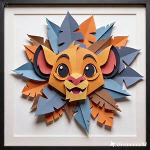 Puede incluir: Una obra de arte de papel en capas que presenta un rostro de cachorro de león estilizado centrado entre un estallido de hojas puntiagudas en tonos azul, naranja y marrón. El león tiene ojos oscuros grandes, nariz rosa y boca abierta, enmarcado.