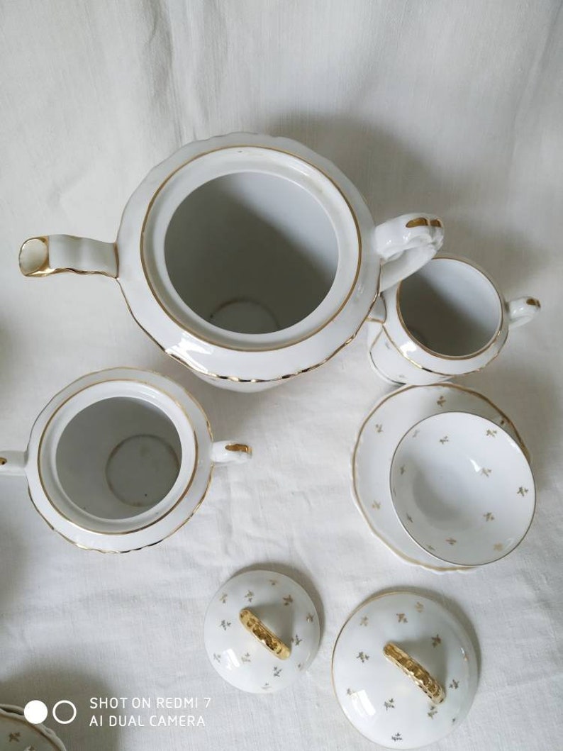 Vintage French Limoges Porcelain Coffee Set. Rich Gold on White. 8 Cup