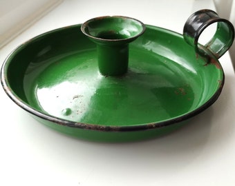 Vintage candle holder, green enamelware.