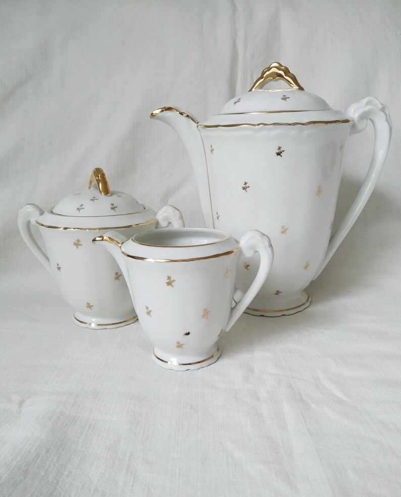 Vintage French Limoges Porcelain Coffee Set. Rich Gold on White. 8 Cup
