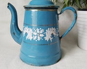 Antique French enamelware coffee pot. Blue and white pitcher.