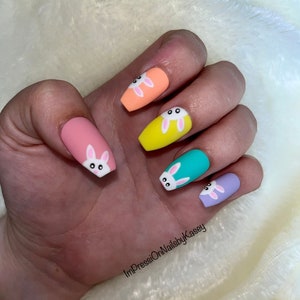Easter Bunny // Rainbow Bunny Press On Nails Hand Painted Easter False Nails